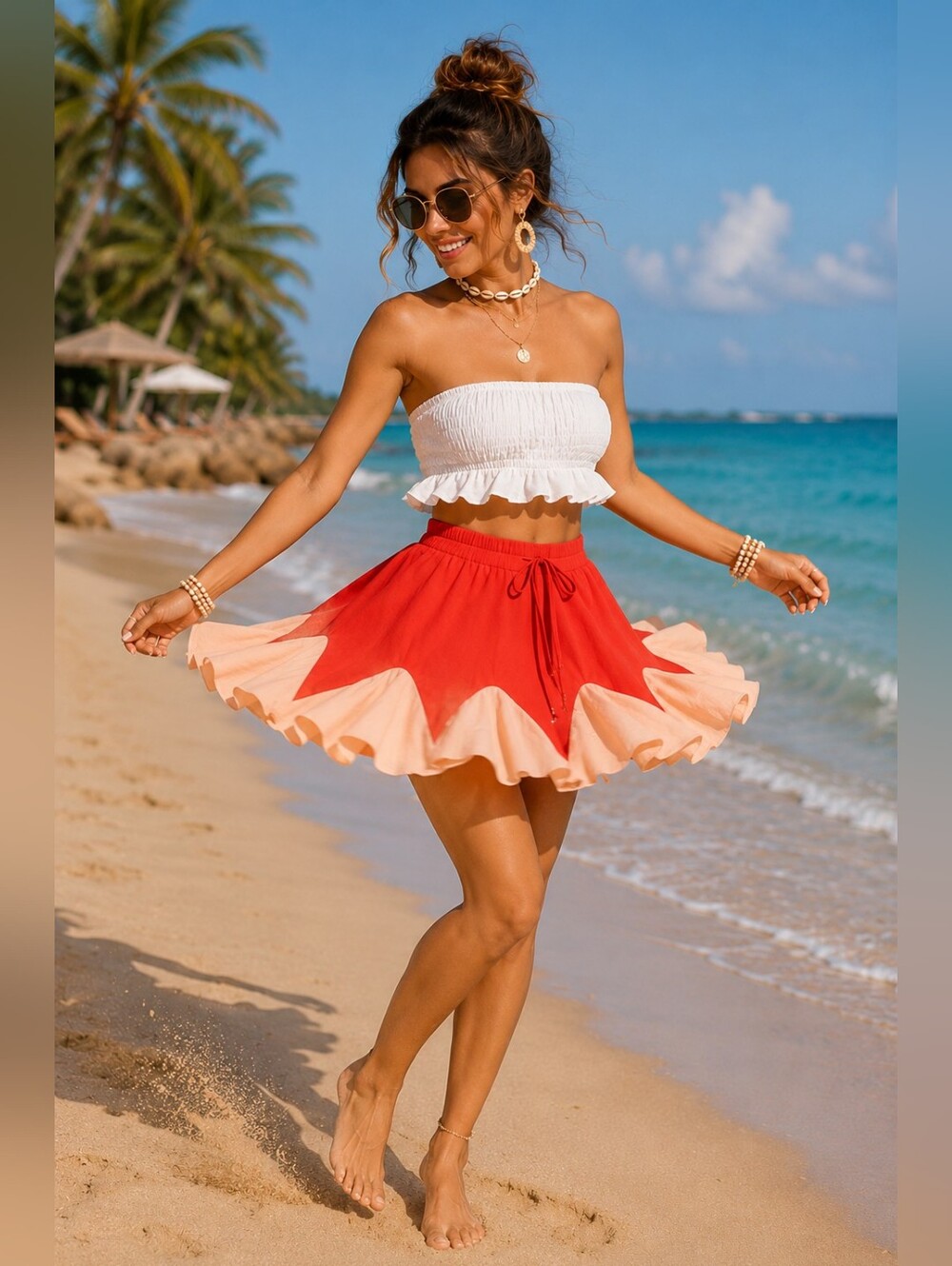 Orange Color Block Contrast Ruffle Skorts - Picture 2 of 5